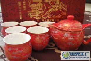 喜慶紅牡丹 頭雙層杯茶具，德化禮瓷中的功夫茶藝精品